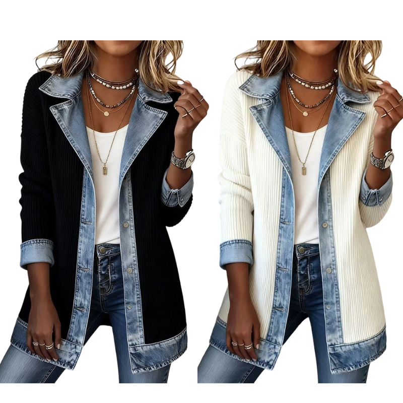Chaqueta de punto acanalado con detalles en jean