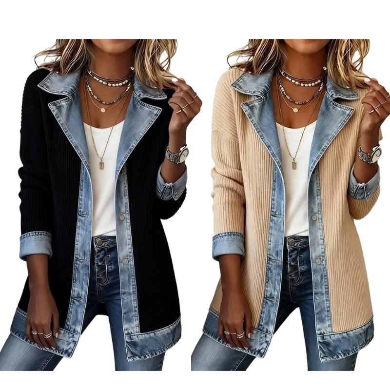 Chaqueta de punto acanalado con detalles en jean
