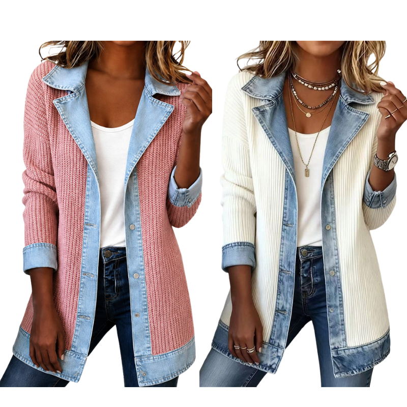 Chaqueta de punto acanalado con detalles en jean