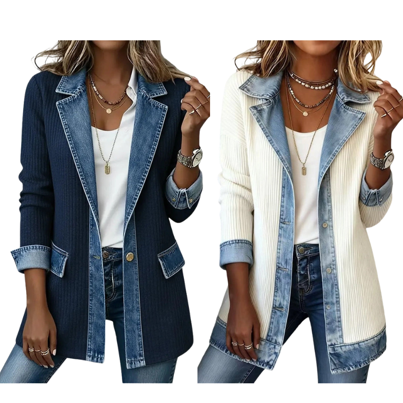 Chaqueta de punto acanalado con detalles en jean