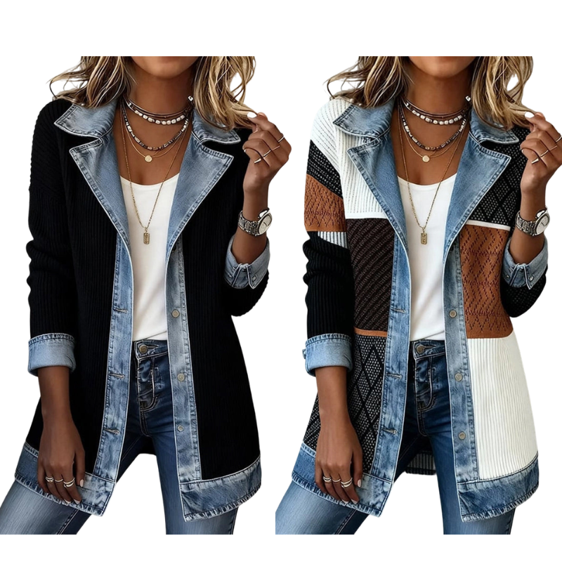 Chaqueta de punto acanalado con detalles en jean