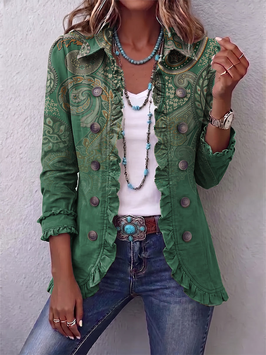 Chaqueta verde con estampado cachemir y volantes