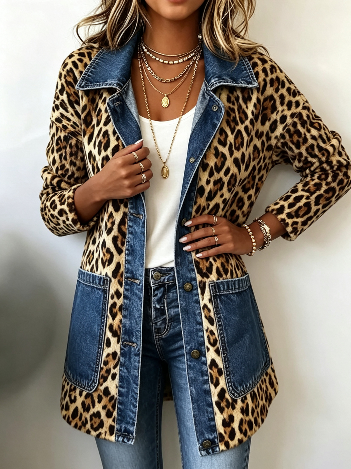 Chaqueta Larga de Leopardo con Vaquero
