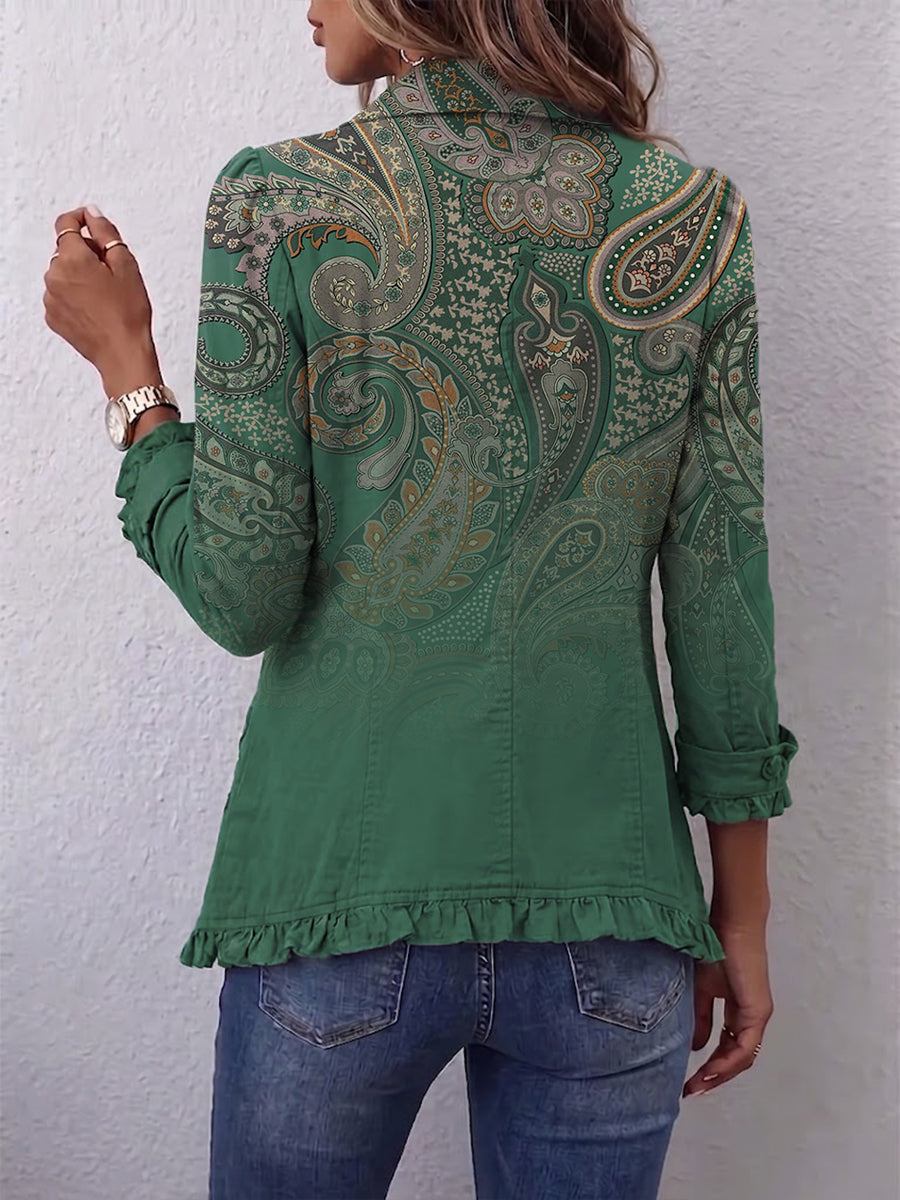Chaqueta verde con estampado cachemir y volantes