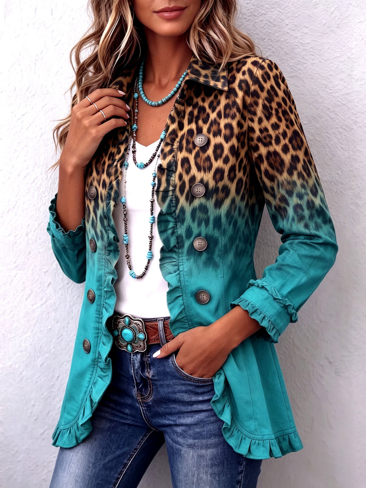 Chaqueta Blazer Leopardo Degradado con Volantes