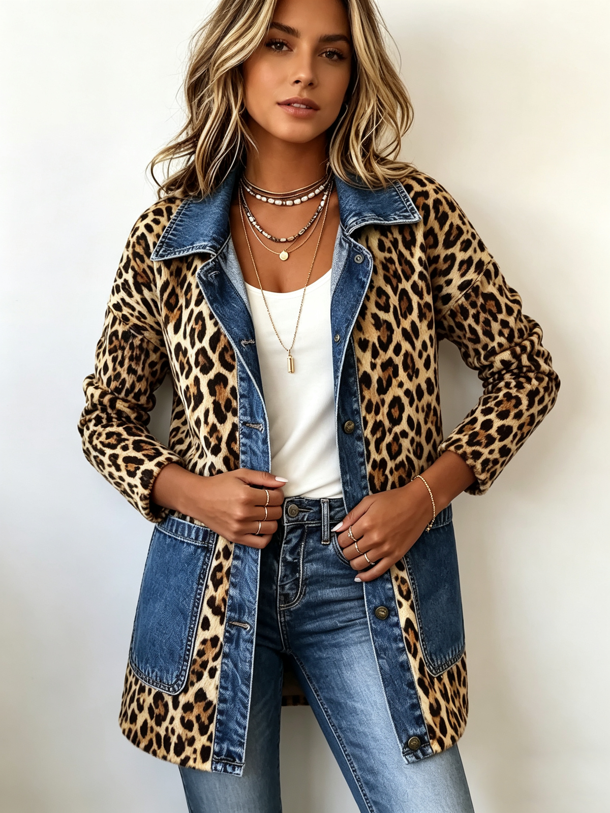 Chaqueta Larga de Leopardo con Vaquero