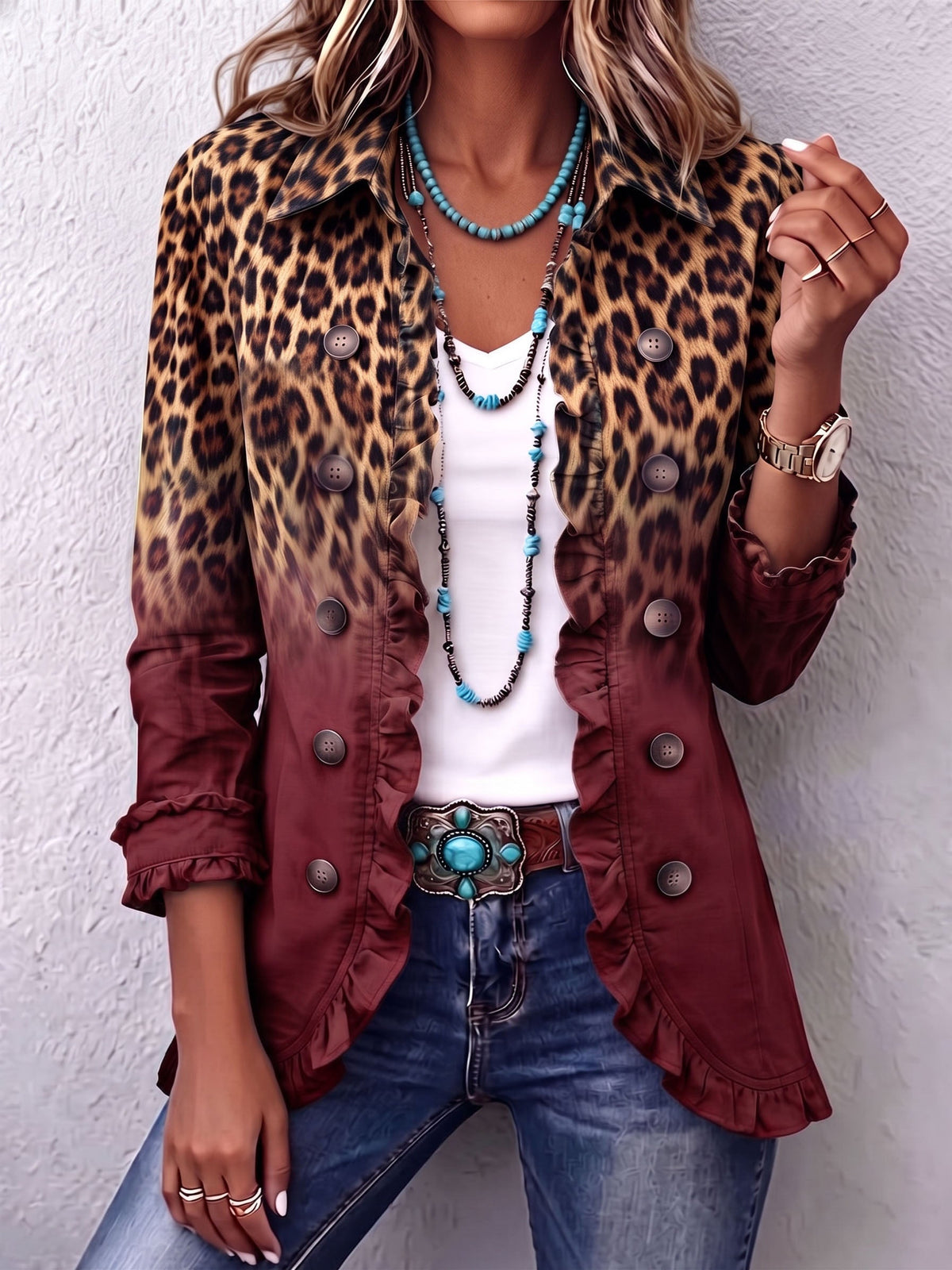 Chaqueta Blazer Leopardo Vino con Volantes