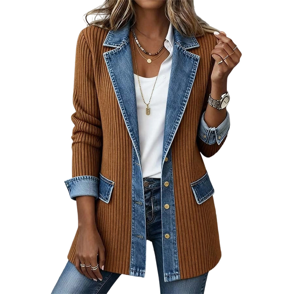 Chaqueta de punto acanalado con detalles en jean