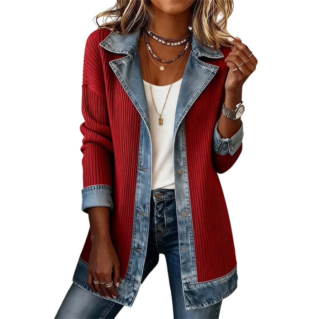 Chaqueta de punto acanalado con detalles en jean